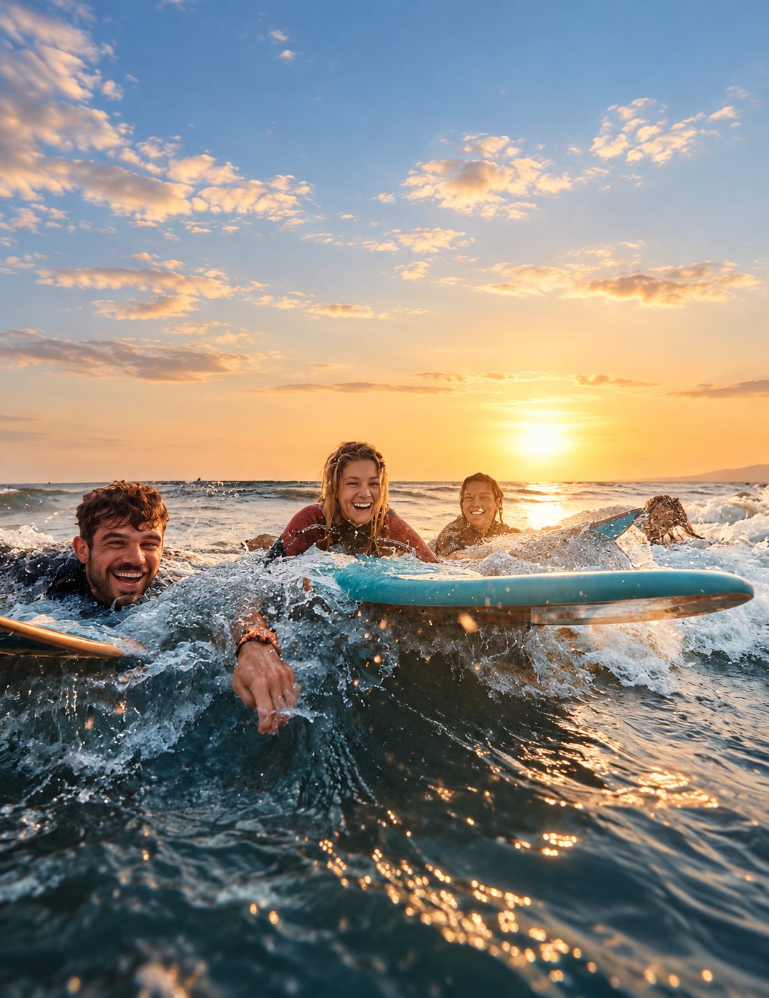 Trois surfeurs souriants dans l'océan au coucher du soleil à Taghazout, planches de surf et vagues dorées