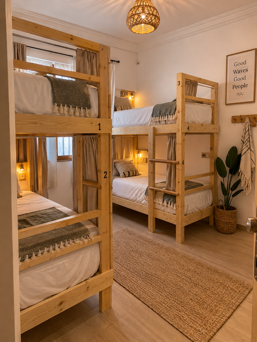 Dortoir partagé WAVESKY à Taghazout : lits superposés en bois clair, couvertures douces et déco artisanale marocaine