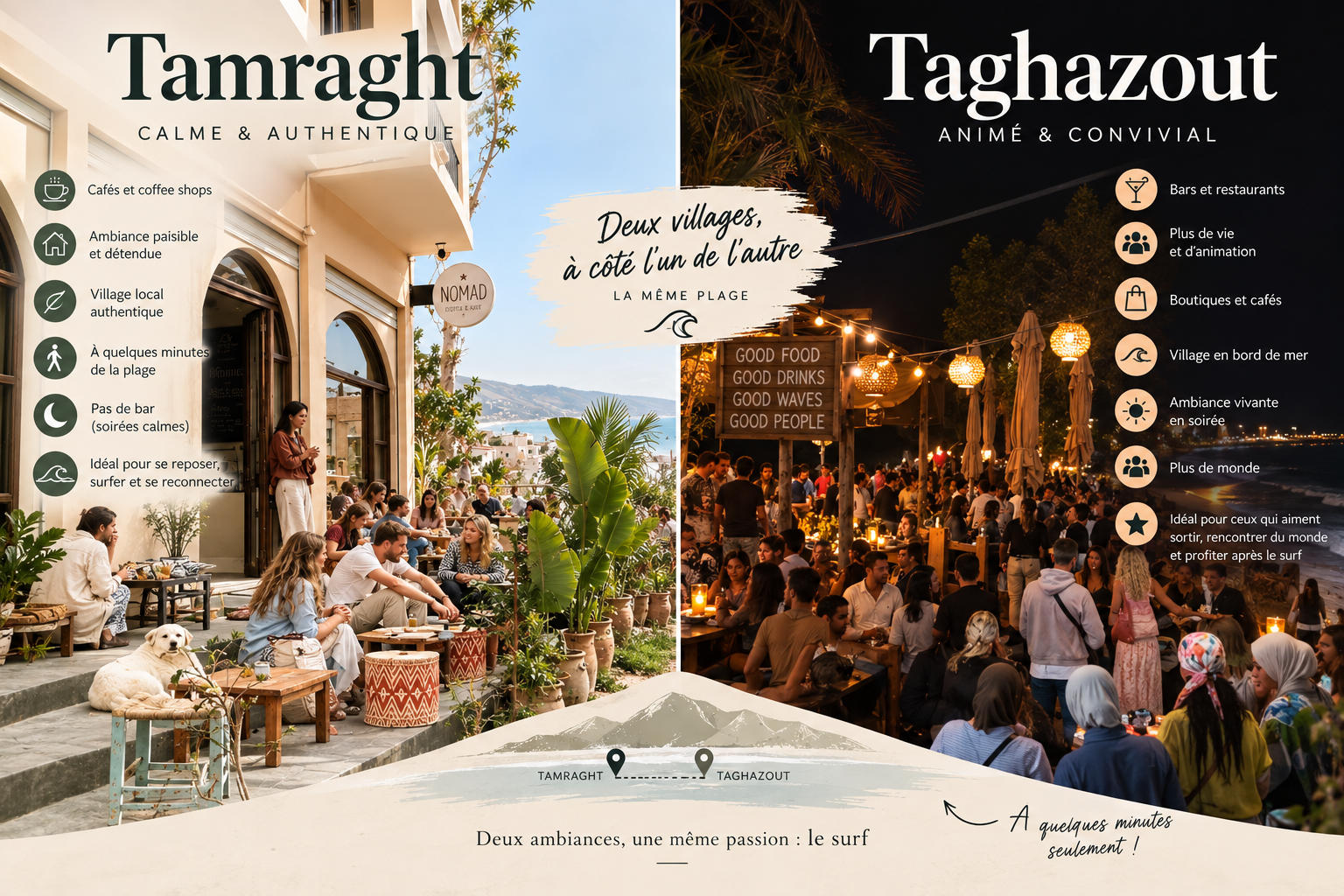 Comparatif Taghazout et Tamraght : deux villages, deux ambiances, la même passion pour le surf